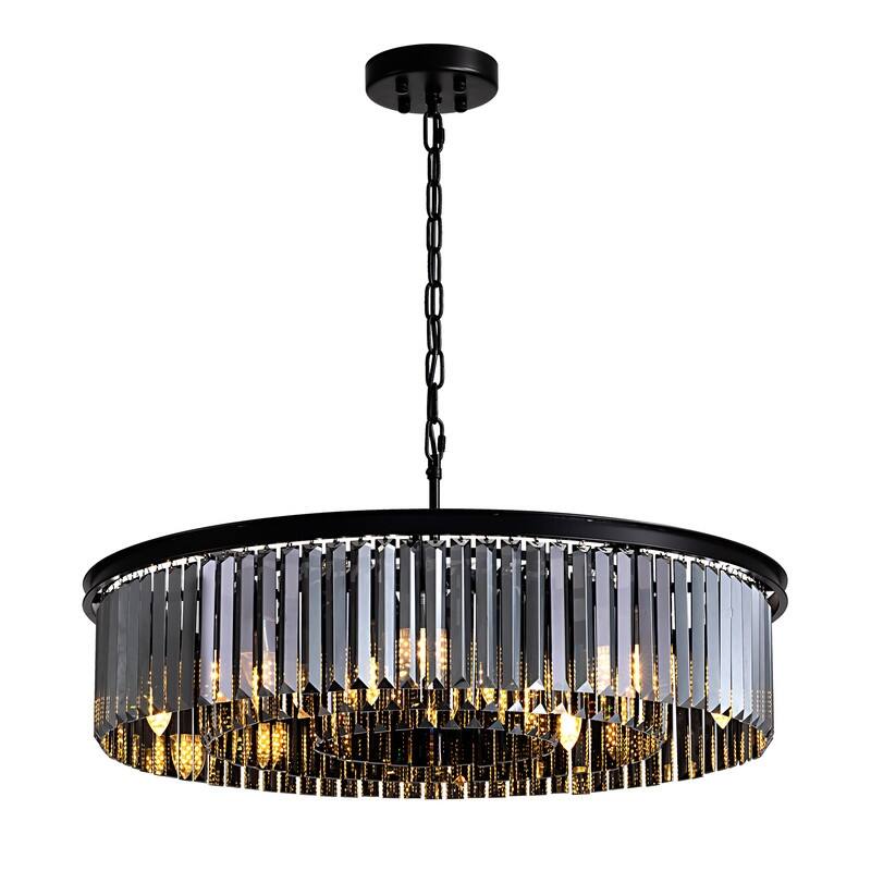 30-inch Smoky Gray Round Chandelier 2-Tier Modern Crystal Chandelier Kitchen Island Pendant Light for Dining Room Bedroom