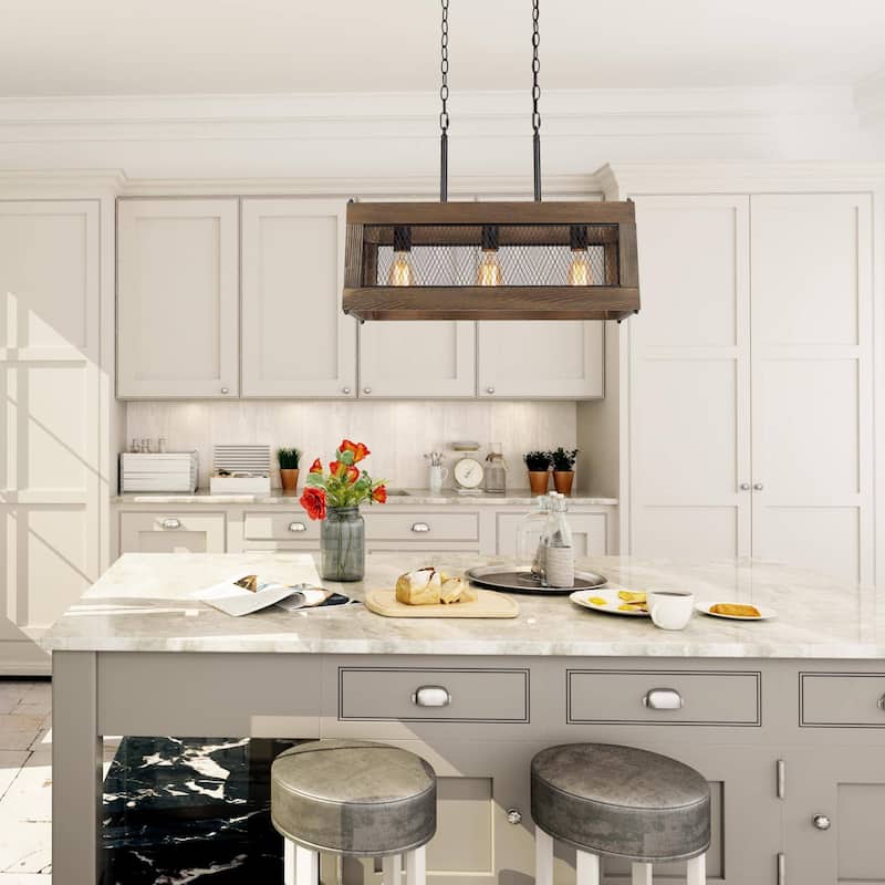 Farmhouse 5-Light Rectangle Wood Chandelier Rustic Island Lights for Dining Kitchen Island