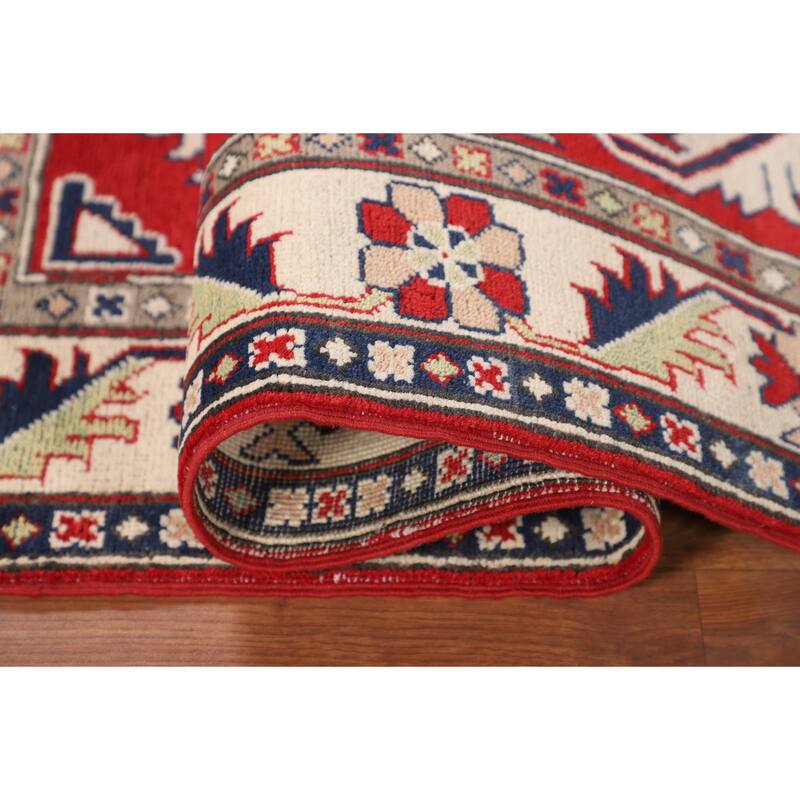 Red Traditional / Geometric Kazak Accent Rug Hand-Knotted Wool Carpet - 3'4" x 5'0"