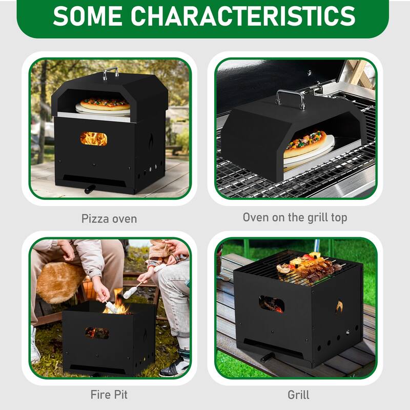 4-in-1 Outdoor Pizza Oven with Wood Fire and Charcoal Grill - 14.4 x 13.3 x 18 in