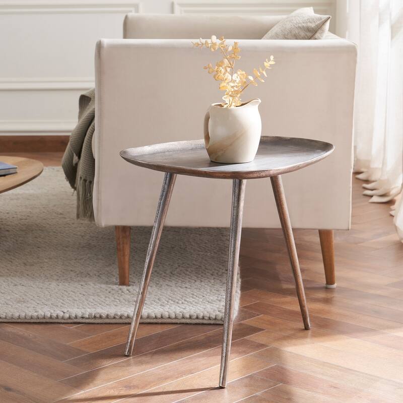 Metal End Table with Rounded Triangular Shape and Three Legs, Handcrafted Aluminum Side Table with Rustic Modern Finish - 20