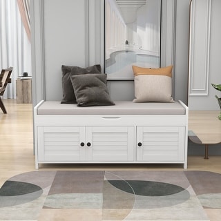 Storage Bench with 3 Shutter-shaped Doors,Removable Cushion and Hidden ...