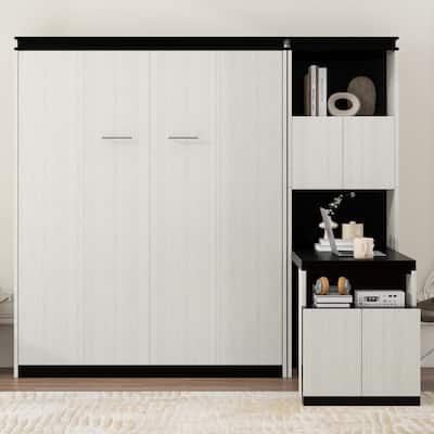 Full Size Murphy Bed with Storage Cabinet and Shelves, Wooden Foldable Hidden Wall Bedframe with Desk, Can be Left or Right