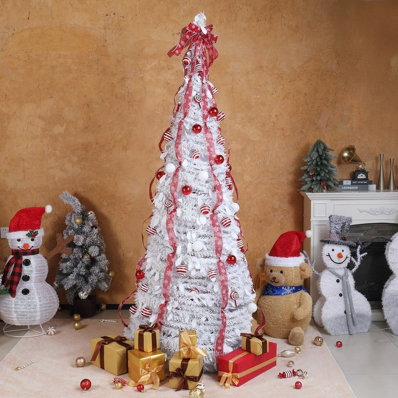 6 FT Fully Decorated Pre-lit Christmas Tree, Pop Up Artificial Xmas Tree for Home Office Store Holiday Deco, White - White and Red - 6 Foot