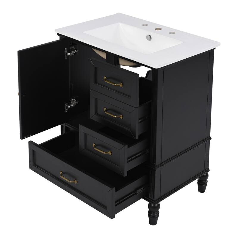 30" Bathroom Vanity wCeramic Sink, Cushioning Door & Drawers, Solid Wood Legs & MDF Board, Adiustable Foot Pads Bathroom Cabinet