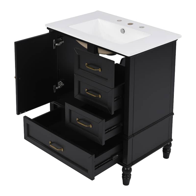 Roomfitters Bathroom Vanity with Sink, Single Door Cabinet and Three Drawers, Solid Wood Legs