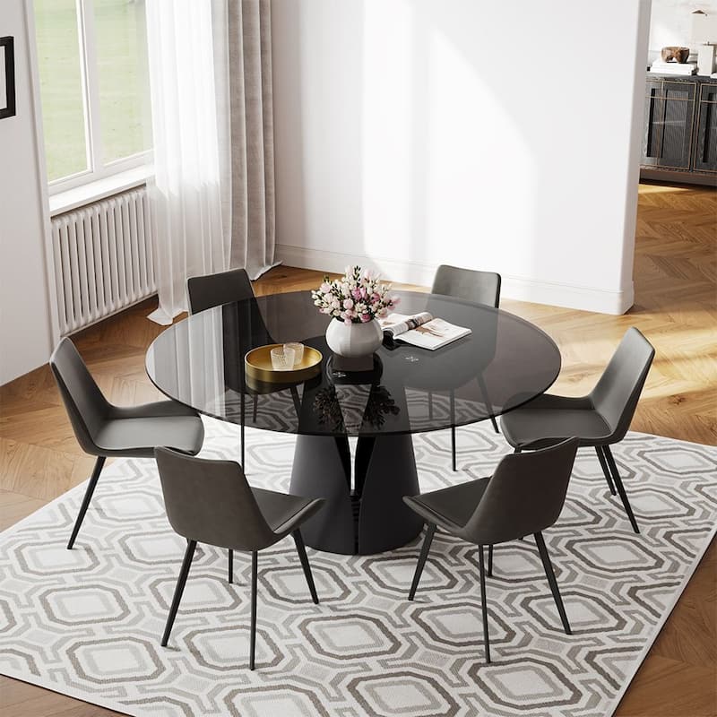 Modern Round White Dining Table，Sintered Stone Tabletop, Solid Black Carbon Steel Base - 59" - Tempered Glass Black Tabletop-Black Base