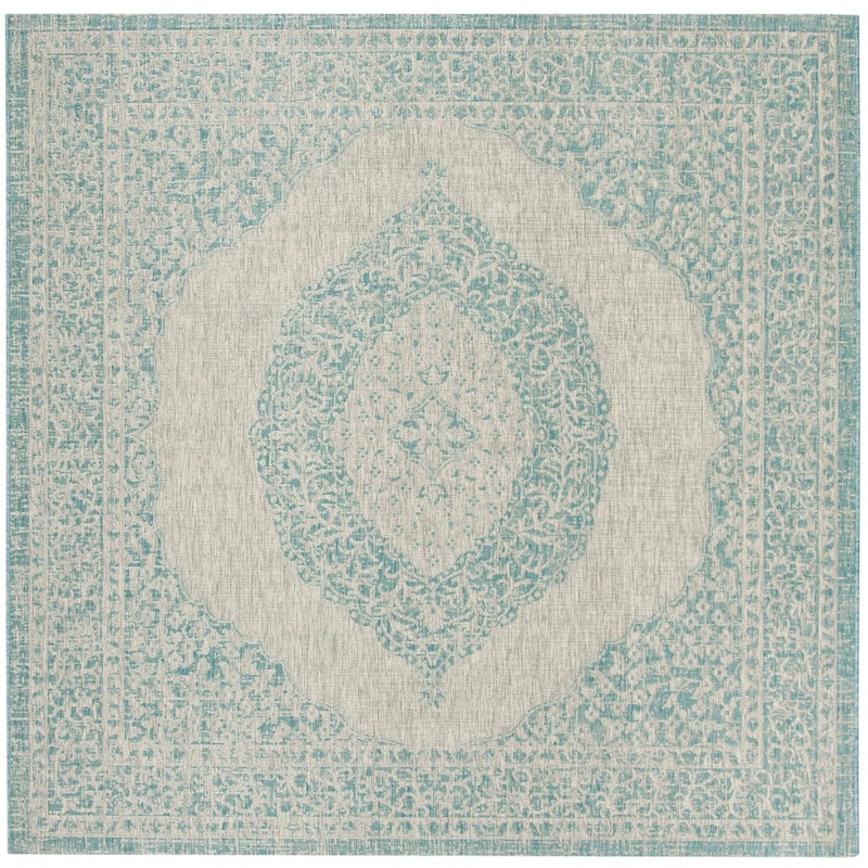 SAFAVIEH Courtyard Thoma Medallion Indoor/ Outdoor Waterproof Patio Backyard Rug - 5'3" Square - Light Grey/Aqua