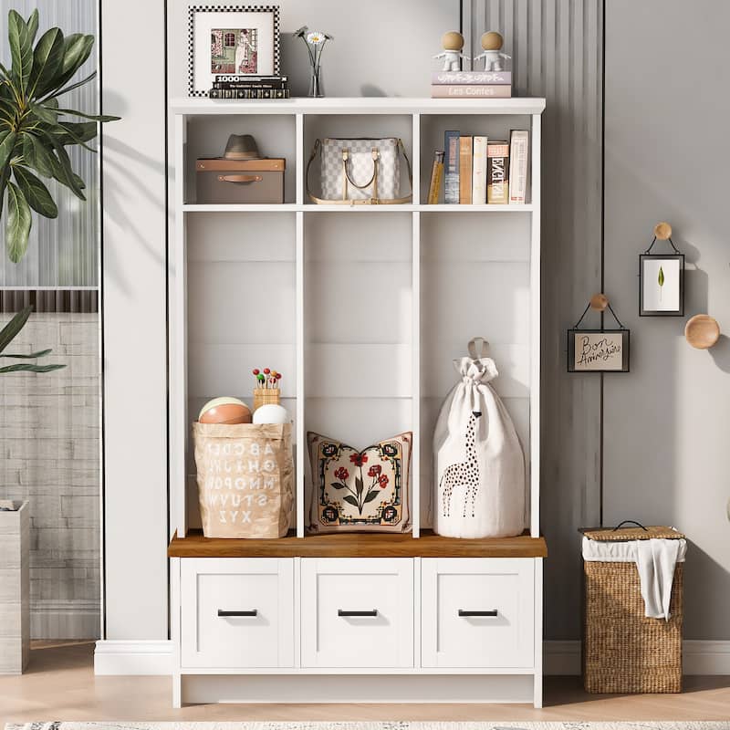 Modern Hall Tree with Entryway Bench, 3 Shelves and Drawers, 40.2" Wide Hall Tree with Storage Bench