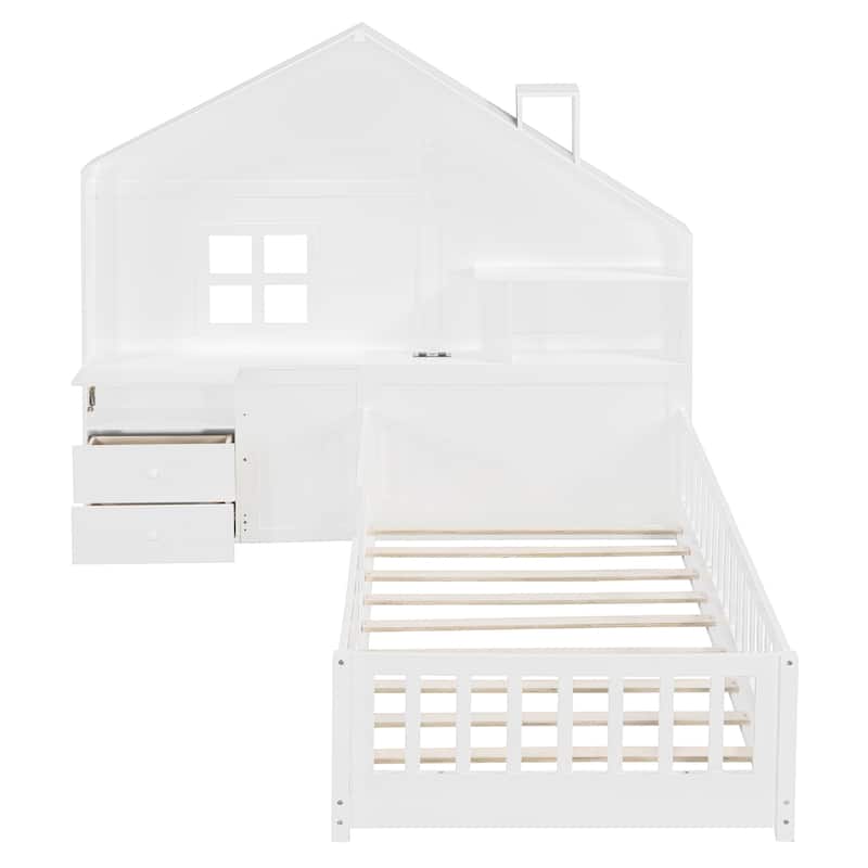 Twin Size House Platform Bed with Shelves, USB Port, and Drawers, White
