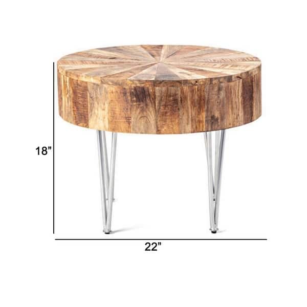 22 Inch Accent Table, Modern, Mango Wood Top, Iron Legs, Silver, Brown ...