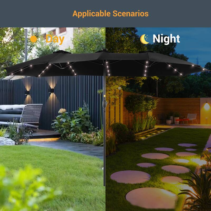Livoosun 15×9FT LED Double-sided Patio Umbrella with BASE UPF50+ and Handle, and Wind-Resistant Design