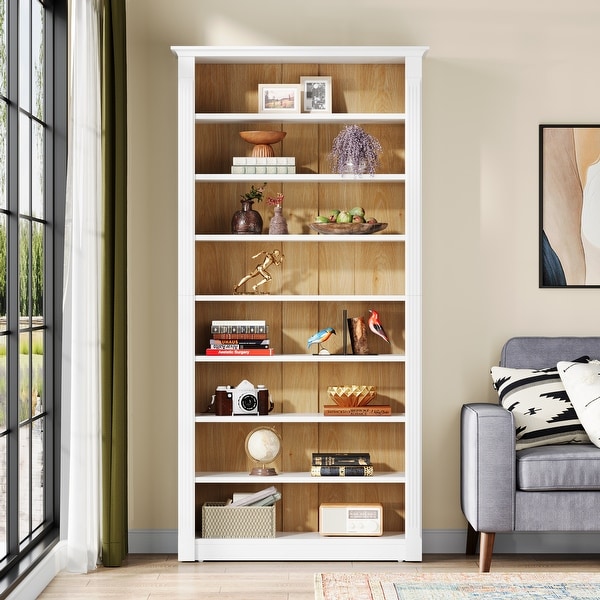 8 Tier Tall Bookcase Freestanding Bookshelf with Adjustable Shelves for Living Room Bedroom Home Office White Oak White Oak