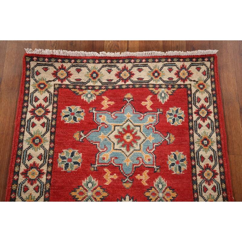 Geometric Red Kazak Oriental Runner Rug Handmade Wool Carpet - 2'2" x 5'7"