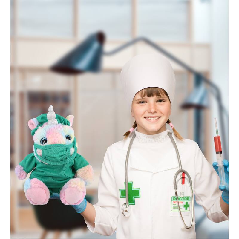 DolliBu Sitting Rainbow Unicorn Doctor Plush with Scrub Uniform & Cap - 10 inches