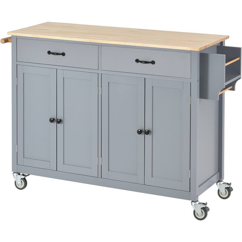 Roomfitters Kitchen Island Cart with Solid Wood Top - 4 Door Cabinet, Two Drawers, Adjustable Shelves, Spice & Towel Rack
