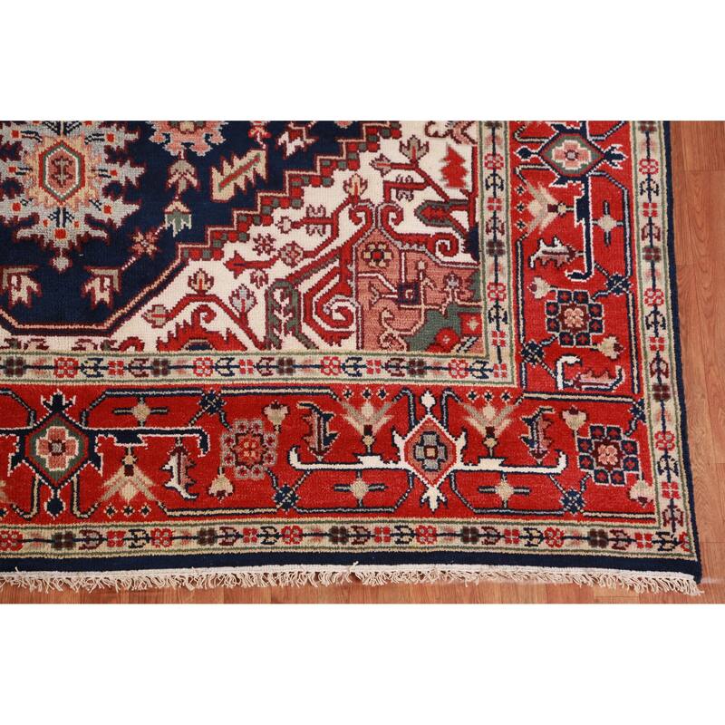 Hand Knotted Oriental 100% Wool Carpet Traditional Medallion Navy Blue & Blues Heriz (serapi) Area Rug - 9' 10'' X 8' 2''