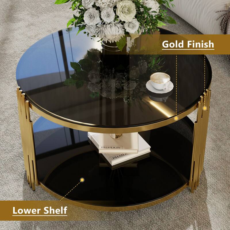 Modern Mirror Coffee Table, Asymmetrical Metal, Circular Metal Drum Base, Gold Finish & Lower Shelf