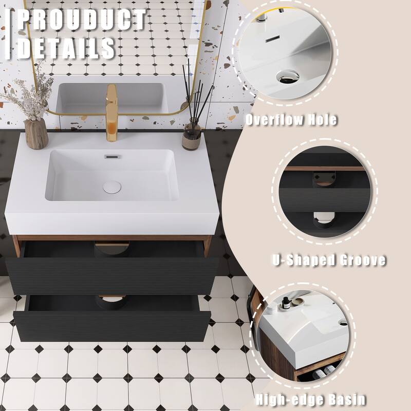 Wall Mounted Bathroom Vanity with Solid Surface Sink and Soft Drawers