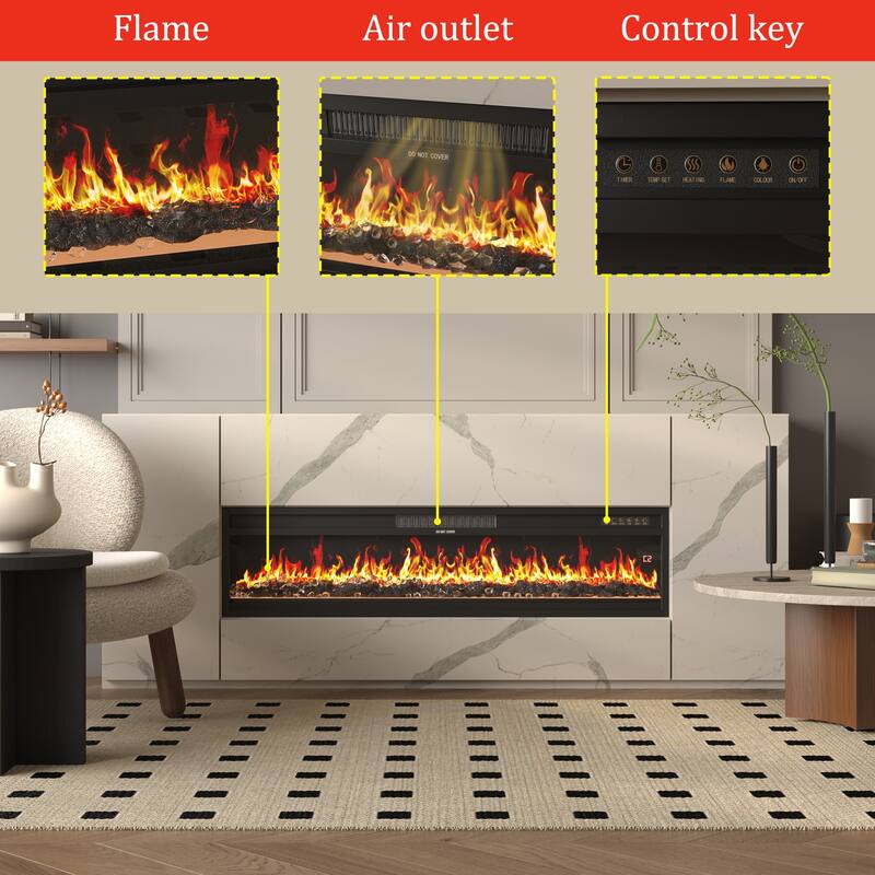 Modern Black Fireplace TV Stand Combo,Remote Fireplace Heater,2 Drawers,Light Strip & USB