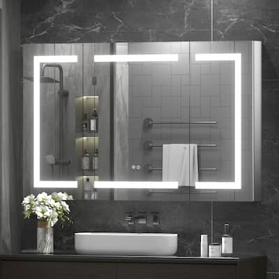 Apmir Led lighted Bathroom Medicine Cabinet with Mirror, Anti-fog and Tempered Glass