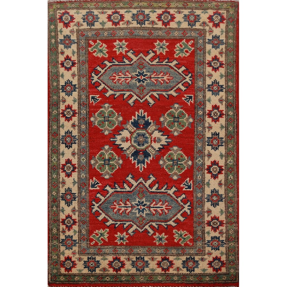 Red Geometric Kazak Oriental Foyer Rug Handmade Wool Carpet - 2'0"x 3'0"