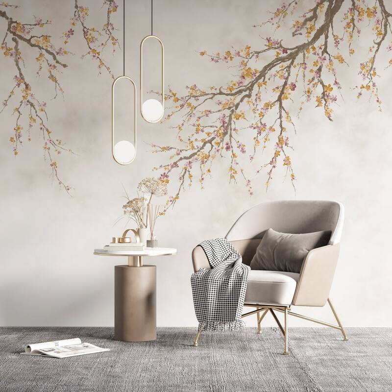 Elegant Cherry Blossom Branch Wallpaper Mural – Minimalist Floral Design for Serene Interiors - Yellow - W:163" x H:110"