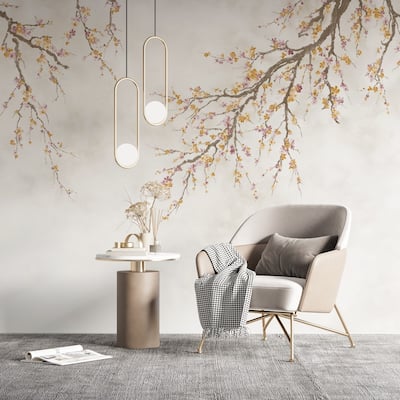 Elegant Cherry Blossom Branch Wallpaper Mural – Minimalist Floral Design for Serene Interiors