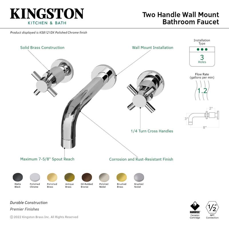 Kingston Brass Concord Two-Handle 3-Hole Wall Mount Bathroom Faucet