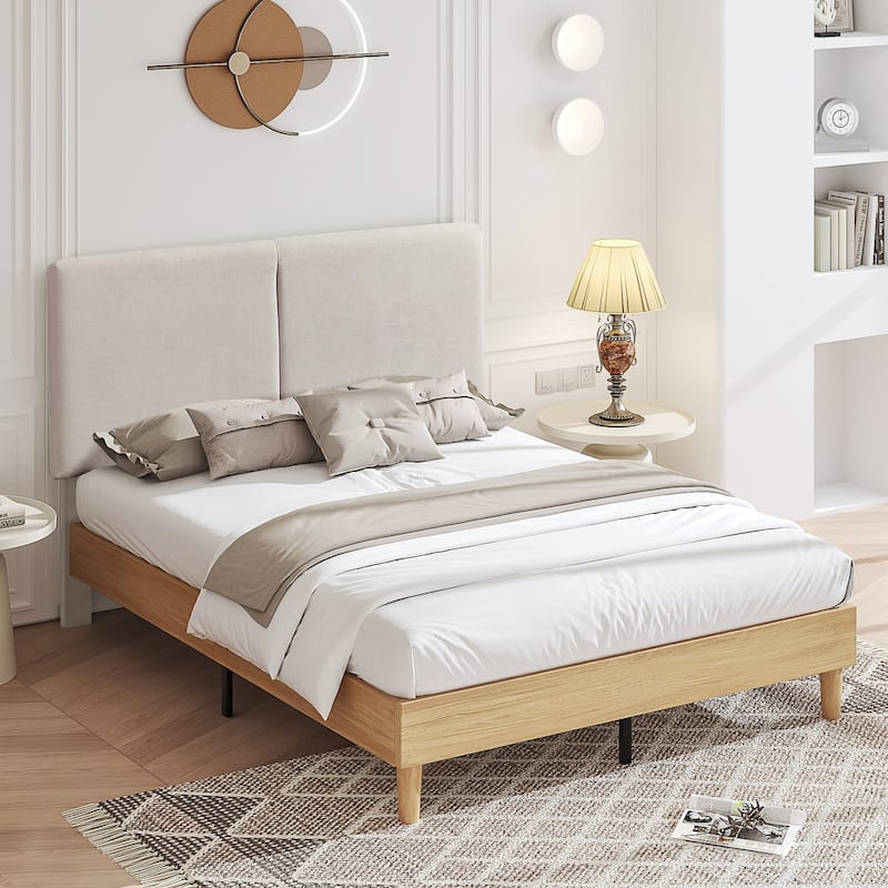 VECELO Upholstered Platform Bed Frame with Adjustable Headboard, Solid Wood Slats, No Box Spring Needed, Twin/Full/Queen Size