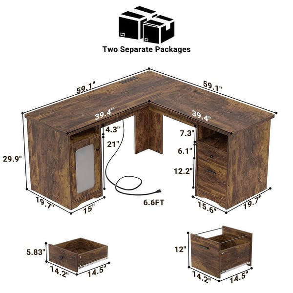 dimension image slide 4 of 7, Modern Farmhouse L-Shape Desk with File Cabinet and Drawers, Homer Office Executive Desk with Charge Station