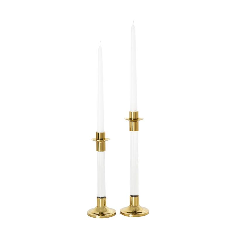 Gold or Silver Stainless Steel Metal Candle Holder with Clear Glass Center (Set of 2)