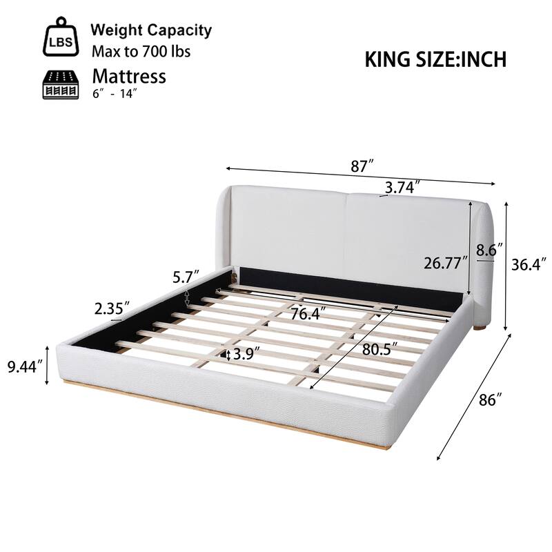 King Size Bed Frame with Upholstered Wingback Headboard, Solid Wood Base, White