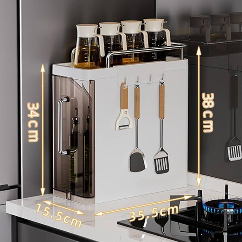 Kitchen three-layer desktop storage rack with dustproof door + 4 hooks cabinet spice storage rack brown