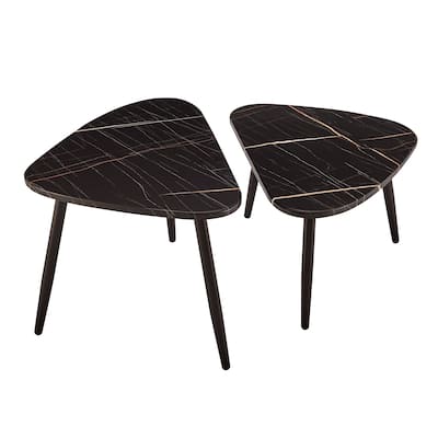 Aurora Asymmetrical Modern Oval Teardrop 2 Piece Semi-Nested Modular Coffee Table Set - Black or Natural Brown