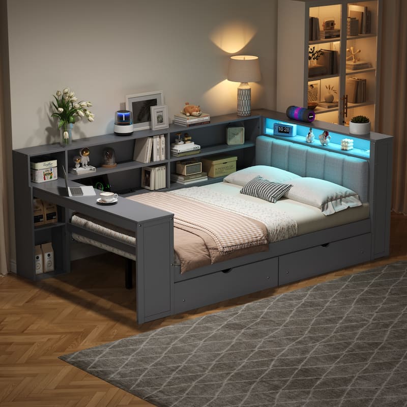 Wood Daybed with Desk, LED Upholstered Headboard, Storage Shelves Built-in Charging Station, Optional Drawers or Trundle - Grey with Drawers - Full