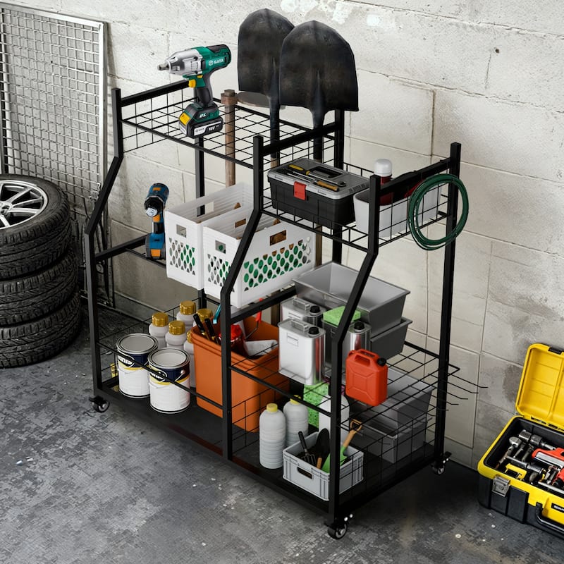 Freestanding Metal Tools Storage Cart Power Tool Organizer Shelf for Garage Workshop Yard with Wheels