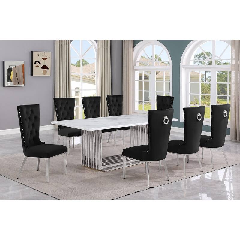 Best Quality Furniture D312/3-SC330-7 Dining Set with 79" White Marble Top - 9-Piece - Black / Silver