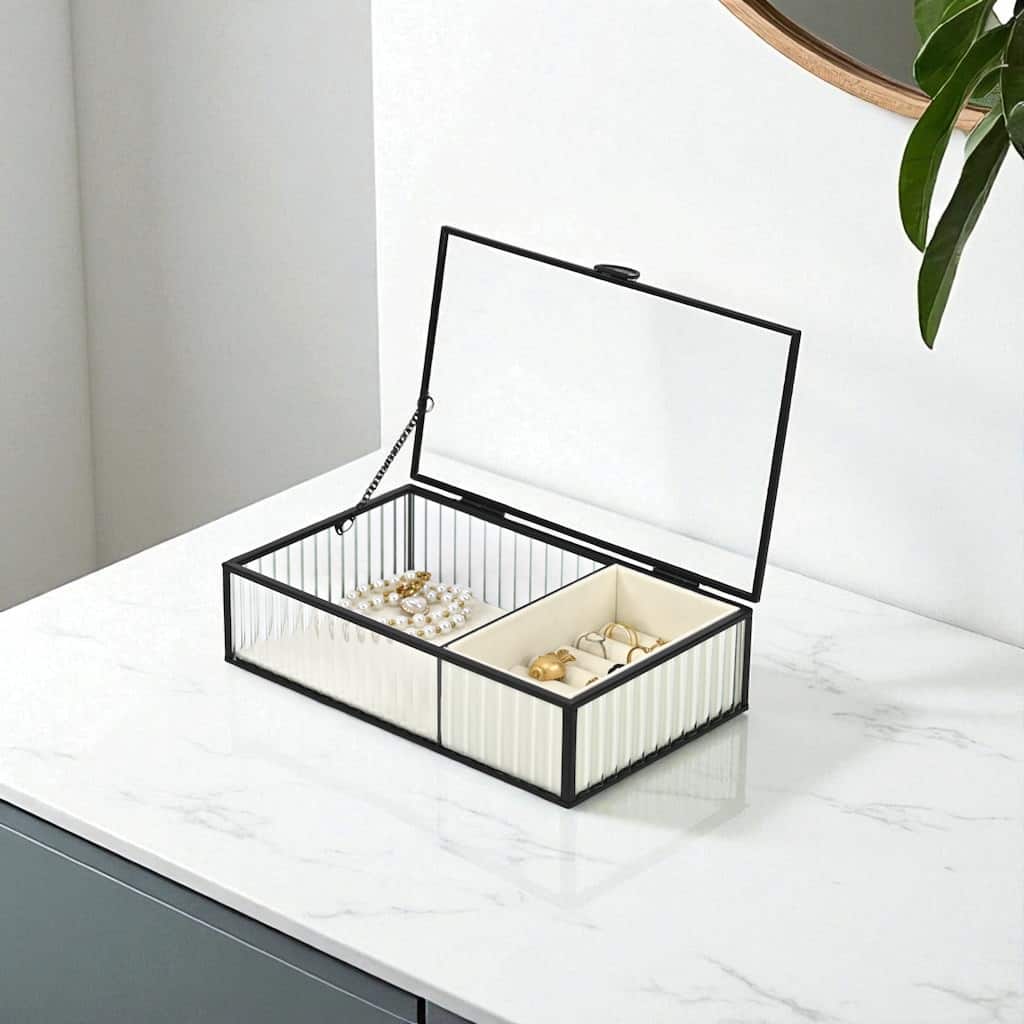 Verena 9.75" Glass Jewelry Box with Two Padded Compartments - N/A