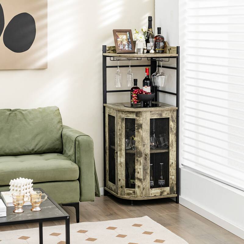 Industrial Corner Bar Cabinet with Glass Holder and Adjustable Shelf - 19" x 19" x 51"