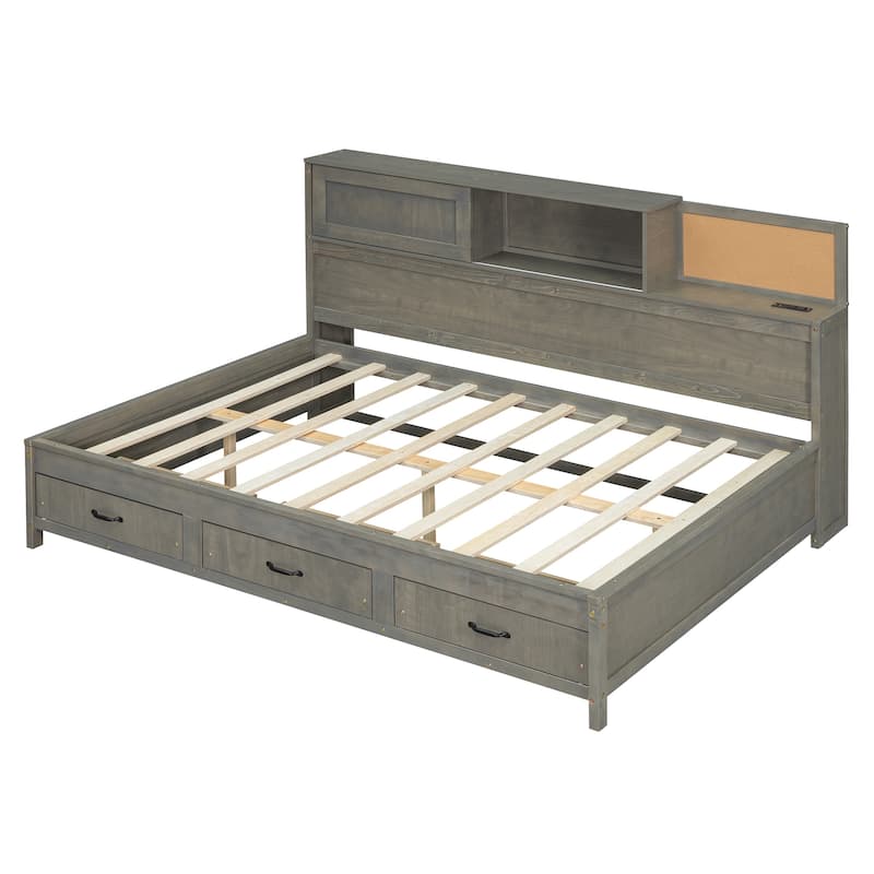 Full Size Wooden Daybed with 3 Storage Drawers and Upper Soft Board, Versatile Sofa Bed Frame w/a Set of Sockets & USB Ports