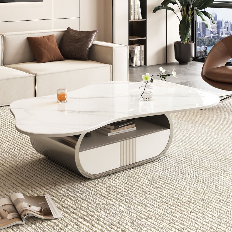 Butterfly Shape Coffee Table Center Table with Sintered Stone Top, Oval Stainless Steel Base, MDF Cabinet with Shelf and Drawer