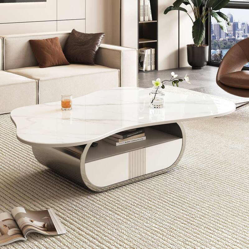 GDFStudio - Contemporary 41.7" Modern Butterfly Coffee Table with Sintered Stone Top, Soft-Close Storage Drawer & Shelf - Grey+White