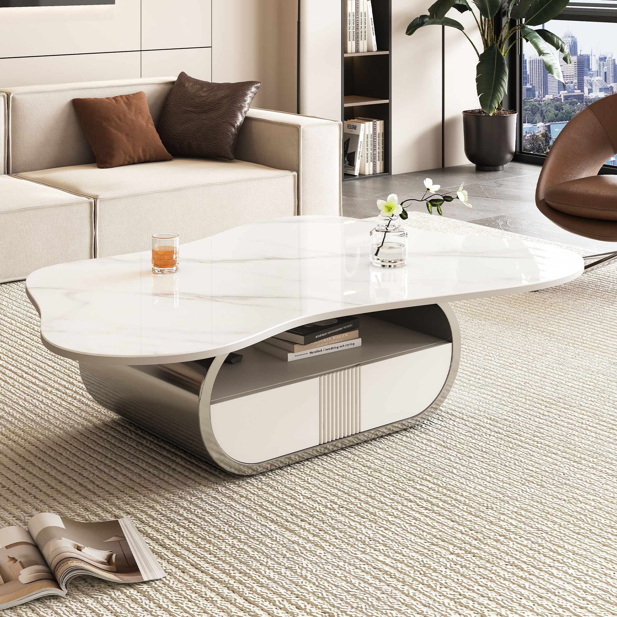 GDFStudio - Contemporary 41.7" Modern Butterfly Coffee Table with Sintered Stone Top, Soft-Close Storage Drawer & Shelf