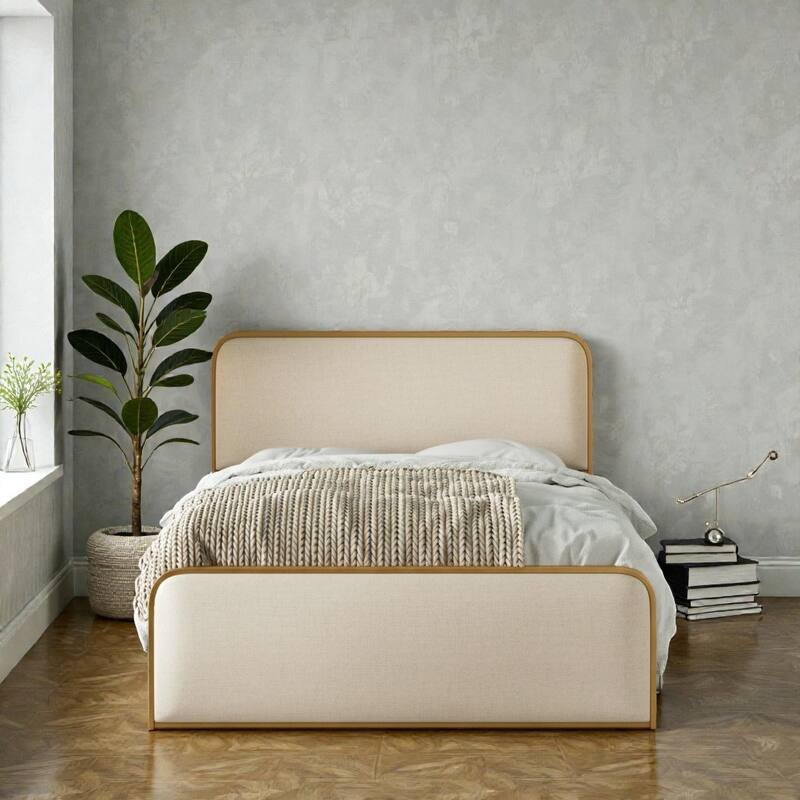Gold Modern Metal Bed Frame with Upholstered Headboard and Footboard, 4 Storage Drawers, Heavy Duty Slats - Beige Gold - Queen