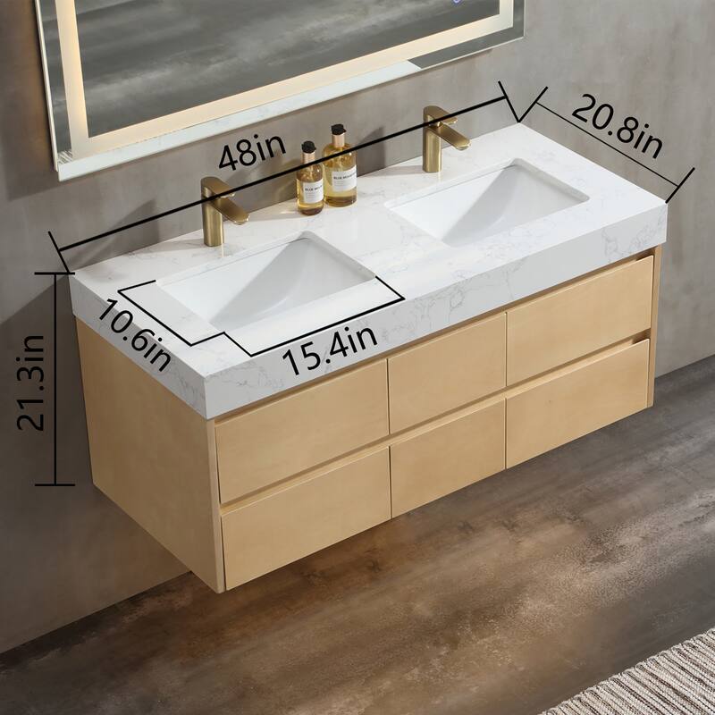 48 in./ 60 in. Solid Wood Wall-Mounted Bathroom Vanity Set in Maple with Engineered Stone Top and Ceramic Sink