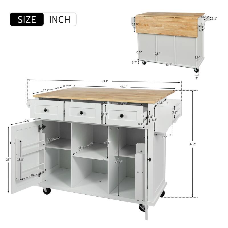 53.10 '' Rubberwood Kitchen Cart with Drop-Leaf, Adjustable Shelf, Rolling Wheels, and 3 Drawers - 53.1'' x 29.5'' x 37.2''