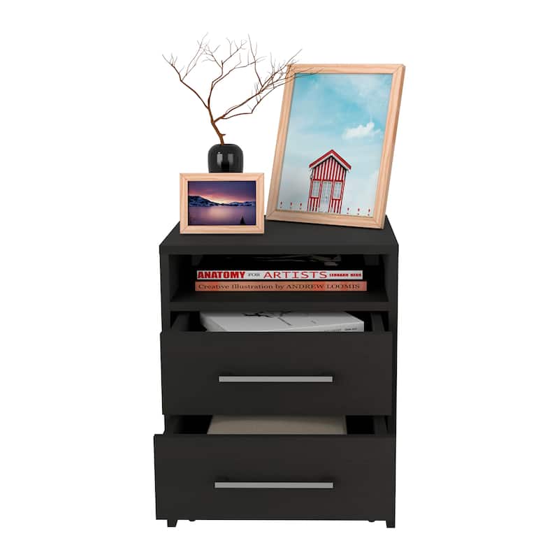 Modern Black Two-Drawer Nightstand with Open Shelf, Versatile Storage Cabinet for Bedroom and Living Room