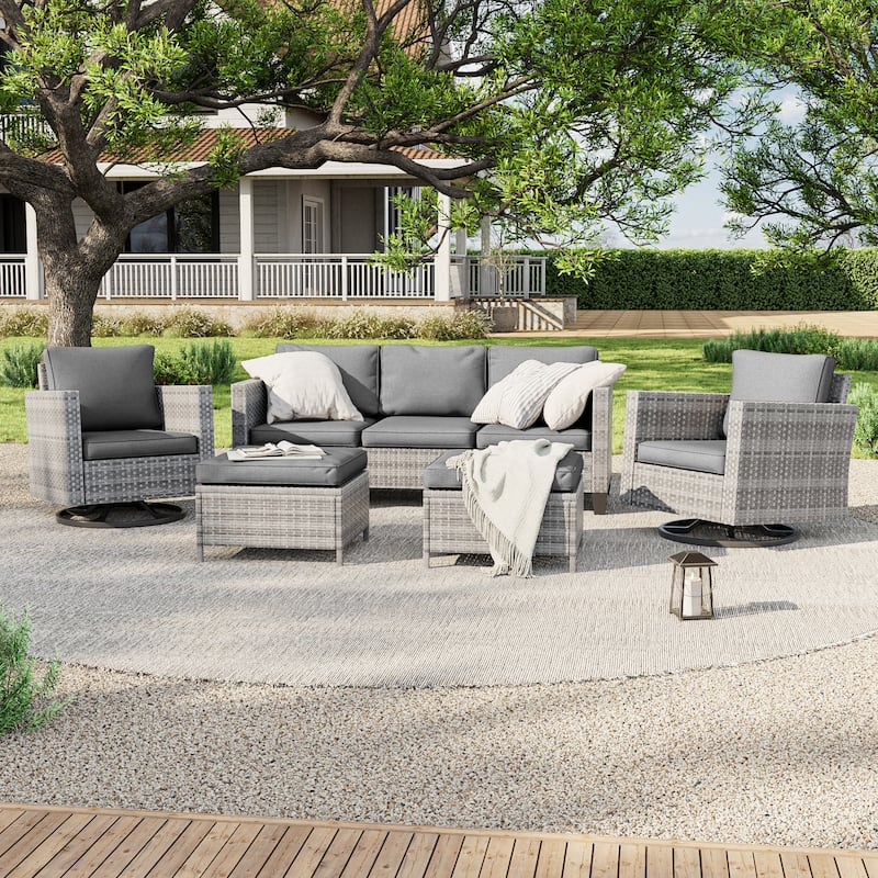 LIVOOSUN 5Pcs Patio Brown Rattan Outdoor Furniture Swivel Rocking Sofa Set