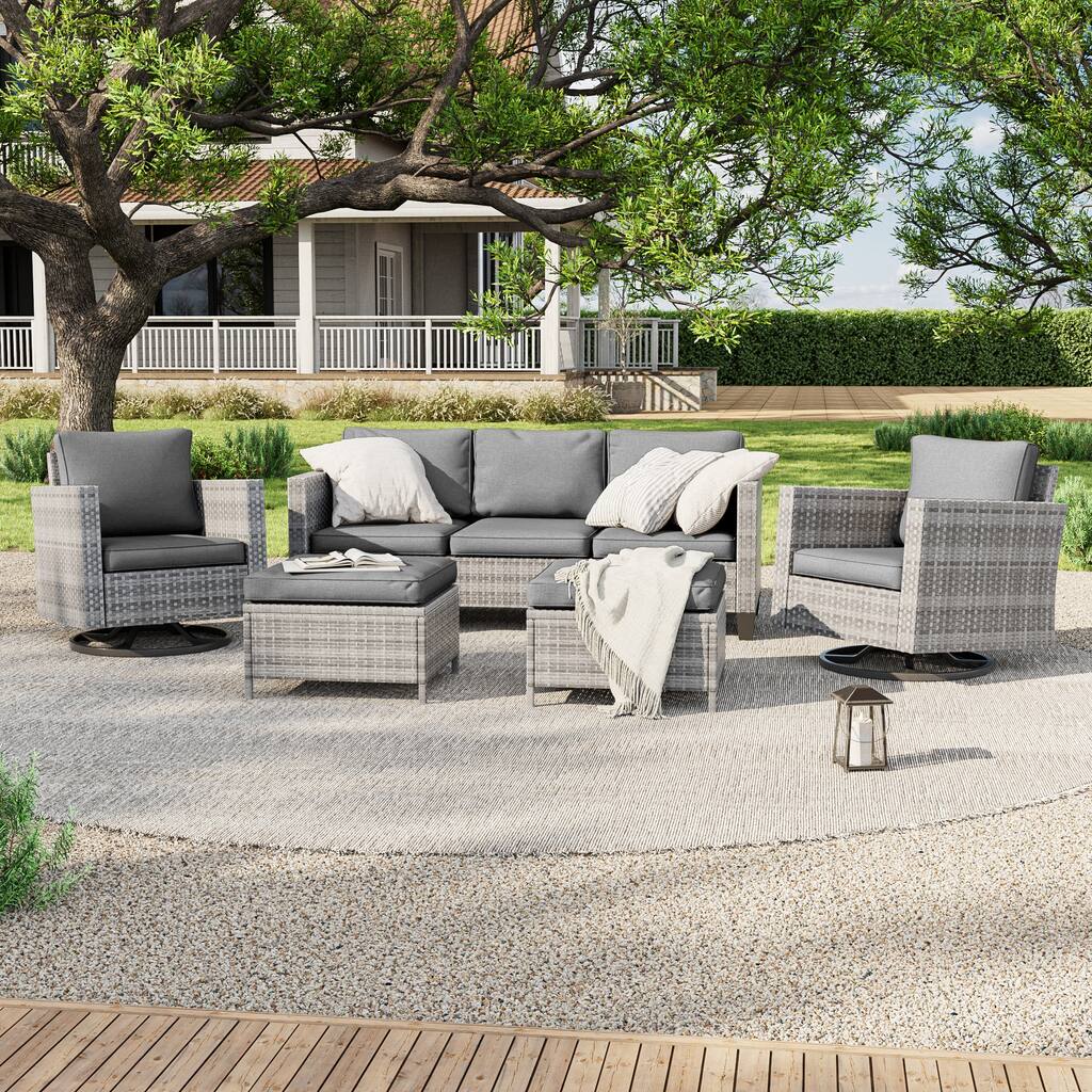 LIVOOSUN 5Pcs Patio Gray Rattan Outdoor Furniture Swivel Rocking Sofa Set